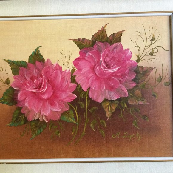 Original painting of two pink flowers on canvas framed signed wall hanging - Picture 2 of 7